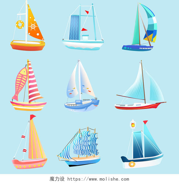 橙蓝海风卡通帆船柔和前进帆船套图9宫格psd素材